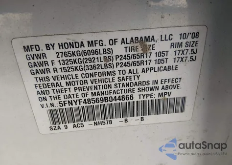 2009 Honda Pilot Ex-L from USA, damaged, VIN 5FNYF48569B044866
